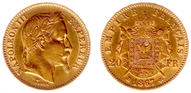 France - 20 Francs 1867-BB (KM801.2, Gad.1062, Fr.585) - Goud - ZF