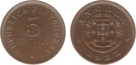 Angola - Portuguese Colony (1910-1975) - 5 Centavos 1922 (KM62, Gomes06.02) - Obv: Value / Rev: Arms - BU, ful mint lustre