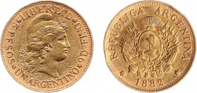 Argentina - Republic - Argentino (5 Pesos) 1882 (KM31, Fr.14) - Obv: Capped Liberty head right / Rev: National arms - Gold - large edge dents, VF