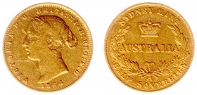 Australia - Victoria (1837-1901) - Half-Sovereign 1864 (KM3, Fr.10a) - Obv: Laureate head left / Rev: Crown above Australia within wreath - Gold - F/V...