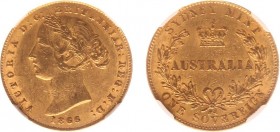 Australia - Victoria (1837-1901) - Sovereign 1866 (KM4, Fr.10) - Obv: Laureate head left / Rev: Crown above Australia within wreath - Gold - NGC AU55