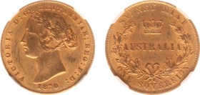 Australia - Victoria (1837-1901) - Sovereign 1870 (KM4, Fr.10) - Obv: Laureate head left / Rev: Crown above Australia within wreath - Gold - NGC AU53