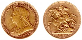 Australia - Victoria (1837-1901) - Sovereign 1894-M (KM13, S.3875, Fr.24) - Obv: Old veiled bust left / Rev: St. George slaying the dragon - Gold - li...