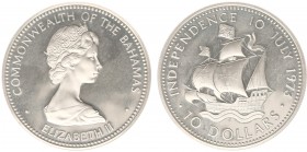 Bahamas - 10 Dollars 1973 - Independence Day (KM42) - Obv: Crowned bust right / Rev: Santa Maria with full sails left - Proof