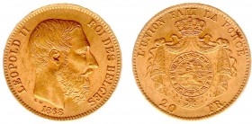Belgium - Leopold I (1831-1865) - 20 Francs 1868 (KM32, Fr.412) - Obv: Head right / Rev: Crowned arms - Gold - VF/XF