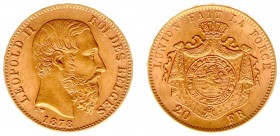 Belgium - Leopold I (1831-1865) - 20 Francs 1878 (KM32, Fr.412) - Obv: Head right / Rev: Crowned arms - Gold - VF/XF