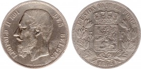 Belgium - Leopold II (1865-1909) - 5 Francs 1865 (KM24, Eeckh.125, Morin152) - Obv: Head left / Rev: Crowned arms within wreath - cleaned, VF