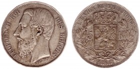 Belgium - Leopold II (1865-1909) - 5 Francs 1868 (KM25, Eeckh.126, Morin167) - Obv: Larger head left, engravers name (Leop. Wiener) below truncation /...
