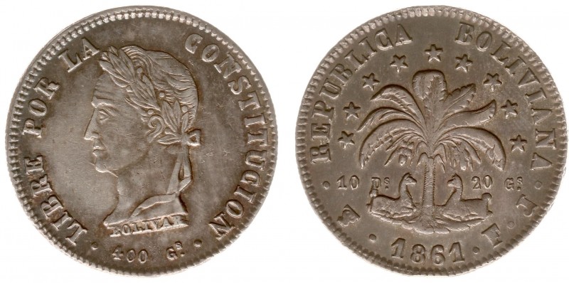 Bolivia - Republic - 8 Soles 1861 PTS-FJ (KM138.6) - Obv: Alpacas under tree / R...