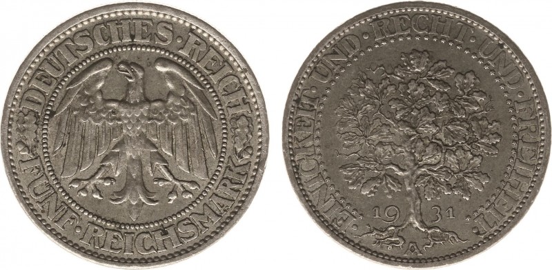 Deutschland - Weimar - 5 Mark 1931-A - Eichbaum (KM56, J.331, AKS25) - Obv: Impe...