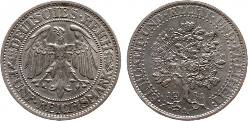 Deutschland - Weimar - 5 Mark 1931-A - Eichbaum (KM56, J.331, AKS25) - Obv: Impe...