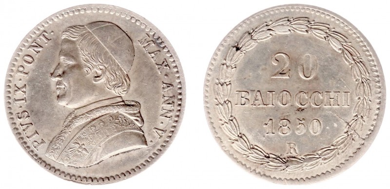 Italy - Papal States - Pius IX (1846-1878) - 20 Baiocchi 1850-V (KM1337, Gig.83a...