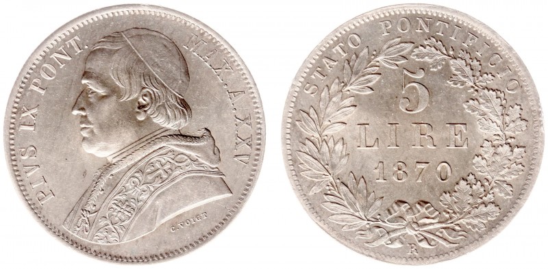 Italy - Papal States - Pius IX (1846-1878) - 5 Lire 1870 XXV (KM1385, Gig.283) -...