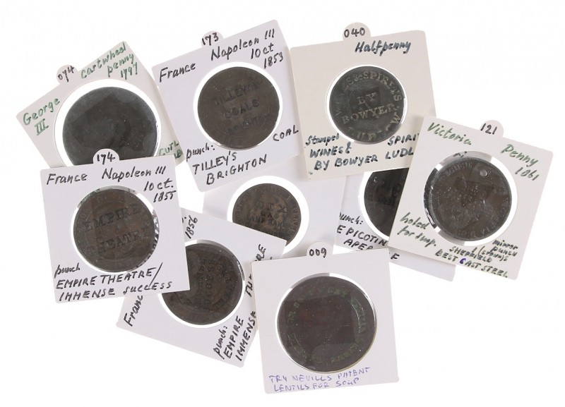 Great Britain - Lot of ca. 9 bronze coins with advertising countermarks e.g. 'Tr...