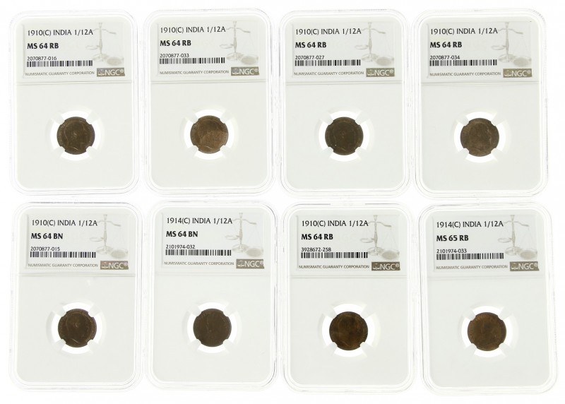 India - Lot with 8x India 1/12 Anna, all in NGC holders: 1914 Calcutta MS64BN & ...