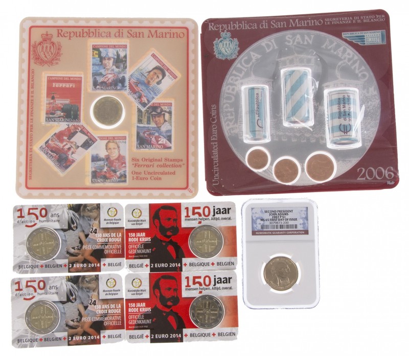 Euro's - Lot with 2 Euro coincards Belgium 2014, San Marino 2006 1, 2 & 5 Cent s...