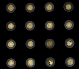 World coins - Wooden cassette with 'De Kleinste Gouden Munten Collectie' - 15x 1.24 gram (1/25 Oz) & 1x 1.56 gram (1/20 Oz) - total 16 pieces, issued ...