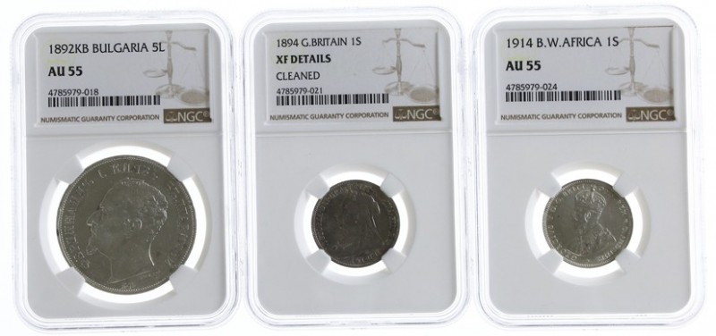 World coins - Lot with 3 coins in NGC slabs: Bulgaria 5 Leva 1892 (AU55); Britis...