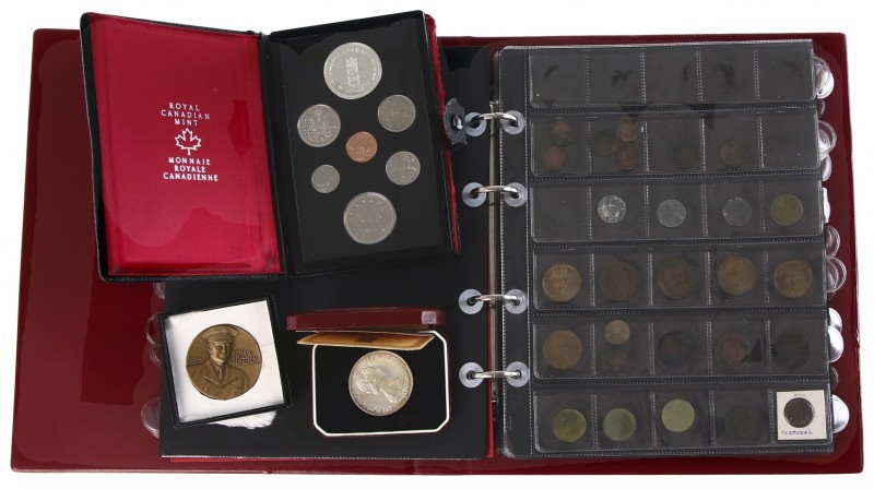 World coins - Box with album various world coins, Canada Mintset 1977, medal Eis...