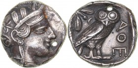 Attica, Athens, Tetradrachm, ca. 454-404 BC. AR
16.69 g. 25mm. VF/XF The hole. Helmeted head of Athena r.; Rv. AΘE, Owl standing r., head facing; oli...