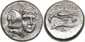 Moesia, Istros. AR Drachm 313-280 BC
6.80 g. 18mm. AU/AU Mint luster. Facing male heads, the right inverted./ ΙΣΤΡΙΗ Sea eagle right, grasping dolphi...