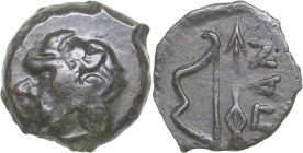 Bosporus Kingdom, Pantikapaion Æ obol Ca. 275-245 B.C.
2.25 g. 13mm. VF+/XF- Perisad II., 284-245 BC. Wreathed head of satyr left / Bow and arrow; ΠΑ...