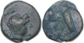 Bosporus Kingdom, Pantikapaion. Æ obol Ca. 150-140 B.C.
2.66 g. 14mm. VF/VF Perisad IV., 155-125 BC. Head of Apollo in a wreath to the right. / A bow...