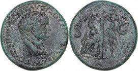 Roman Empire - Judaea Æ Sestertius - Titus 79-81 AD
24.30 g. 33mm. Titus., 79-81 AD. IMP T CAES DIVI VESP F AVG P M TR P P P COS VIII/ IVD - CAP / S-...