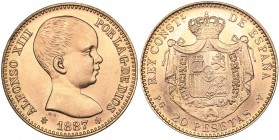 Spain 20 pesetas 1887
6.45 g. UNC/UNC Restrike.