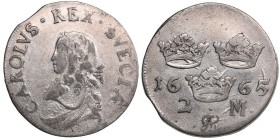 Sweden 2 mark 1665
10.07 VF-/VF+ Similar to SM# 107c. Karl XI., 1660-1697.