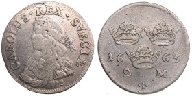 Sweden 2 mark 1665
10.02 VF-/VF+ Similar to SM# 106b. Karl XI., 1660-1697.