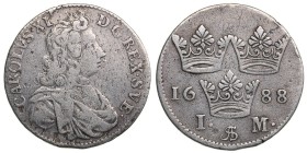 Sweden 1 mark 1688
5.18 g. VF-/VF+ SM# 173. Karl XI., 1660-1697.
