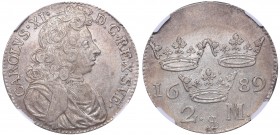 Sweden 2 mark 1689
NGC AU 58. TOP POP. Mint luster. Very rare condition. SM# 145. Karl XI., 1660-1697.