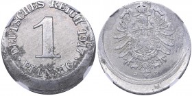 Germany 1 pfennig 1917 D
NGC MINT ERROR AU 55. KM# 24. Struck 10% off center. Rare!