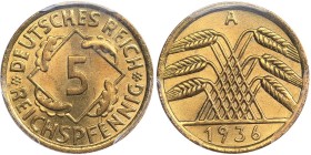 Germany - Weimar Republic 5 reichspfennig 1936 A
PCGS MS 64. KM# 39. Mint luster. Scarce condition.