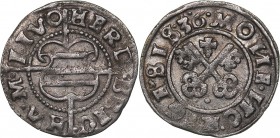 Riga schilling 1536
1.10 g. VF+/VF+ The Livonian order. Hermann Brüggenei-Hasenkamp., 1535-1549. Haljak# 292b.