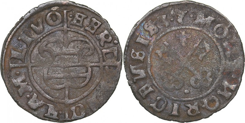 Riga schilling 1537
1.07 g. VF-/VF- The Livonian order. Hermann Brüggenei-Hasen...