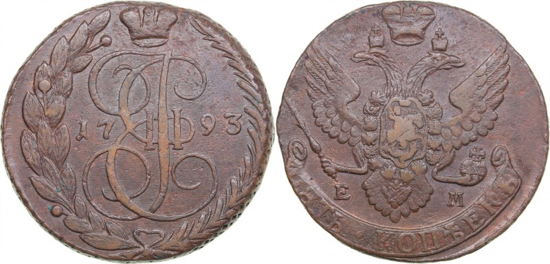 Russia 5 kopeks 1793 EM
54.55 g. VF+/VF+ Bitkin# 647.