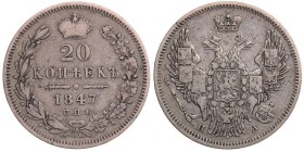 Russia 20 kopeks 1847 СПБ-ПА
4,07 g. VF+/VF+. Bitkin# 332.