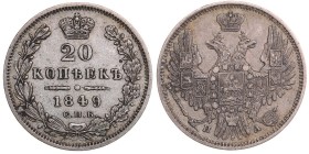 Russia 20 kopeks 1849 СПБ-ПА
4,15 g. XF/XF+. Bitkin# 336.