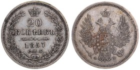 Russia 20 kopeks 1857 СПБ-ФБ
4,08 g. XF/XF. Bitkin# 60.