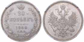 Russia 20 kopeks 1860 СПБ-ФБ
NGC UNC Details. Bitkin# 161. Mint luster. Rare condition for this type.