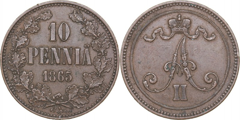 Russia - Grand Duchy of Finland 10 pennia 1865
12.79 g. XF/XF Bitkin# 651.