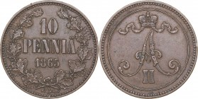 Russia - Grand Duchy of Finland 10 pennia 1865
12.79 g. XF/XF Bitkin# 651.