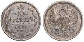 Russia 10 kopeks 1876 СПБ-НI
1,87 g. XF/AU. Bitkin# 260. Mint luster.