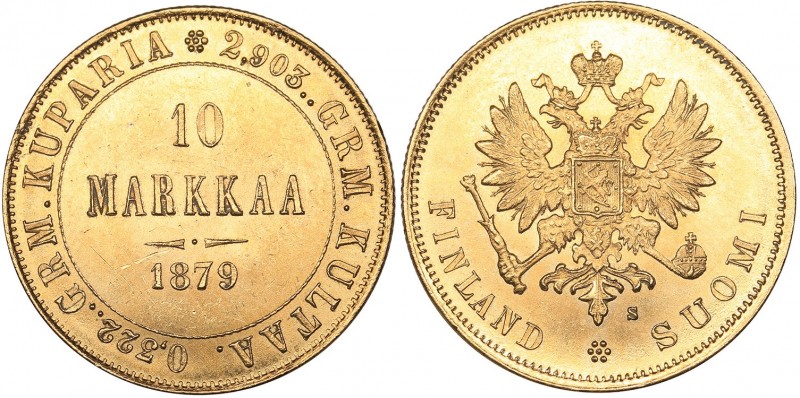 Russia - Grand Duchy of Finland 10 markkaa 1879 S
3.22 g. AU/UNC Bitkin# 615. M...