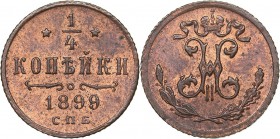 Russia 1/4 kopeks 1899 СПБ
0.77 g. UNC/UNC Mint luster. Bitkin# 310.