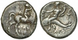 CALABRIA. Tarento. Didracma (272-235 a.C.). A/ Jinete a der. R/ Taras desnudo sobre delfín; ΤΑΡΑΣ. COP-875 vte. MBC-.