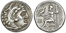 MACEDONIA. Alejandro III. Abydus. Dracma (310-301 a.C.). R/ Monograma ΜΕ a izq., hoja de hiedra bajo el trono. AR 4,2 g. COP-1560. Golpecito en anv. M...