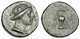 PONTOS. Misos. Dracma (300-125 a.C.). A/ Busto torreado de Tyche. R/ Lechuza con alas extendidas; debajo a la der., monograma. COP-130 vte. SBG-3635 v...